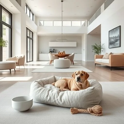 A subtle, elegant abstract pattern resembling overlapping, stylized dog paw prints or gentle fur textures, rendered in a soft, monochromatic palette using soft cream and off-white colors.