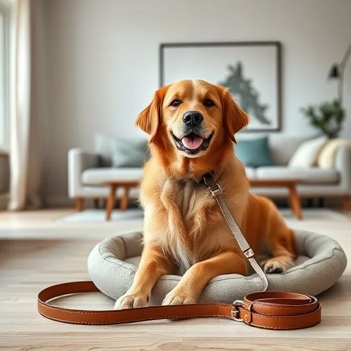 A magnificent, serene Golden Retriever, captured mid-stride in a sun-drenched, ethereal golden hour meadow. The dog's head is gently turned towards the viewer with a calm, intelligent gaze. The background is softly blurred forest greens and golden light, creating a cinematic, warm, and inviting atmosphere with a shallow depth of field. High-resolution, professional photography style, evoking peace and loyalty.